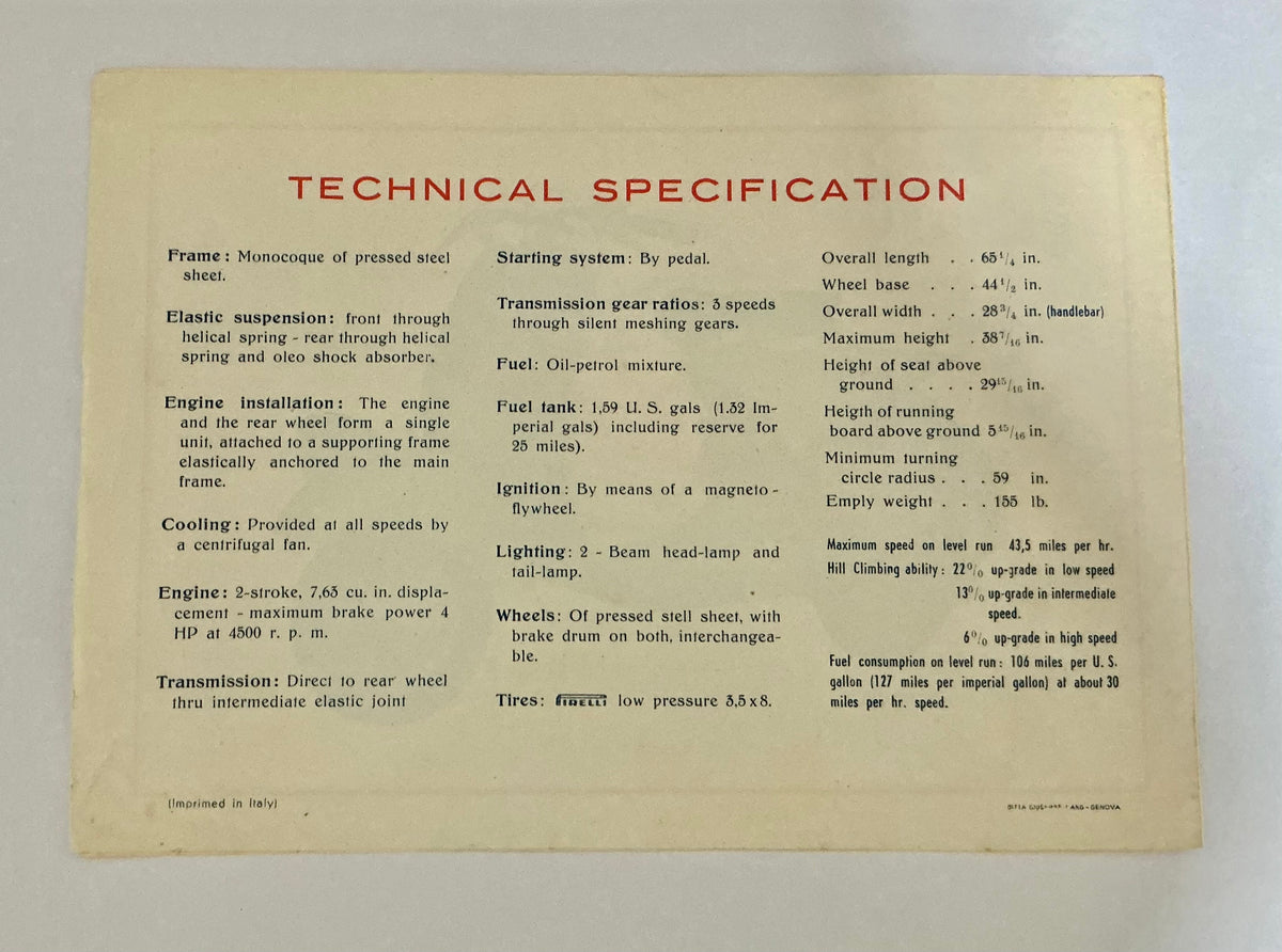 Vespa Piaggio, 1948 very rare original 4 sided leaflet in English