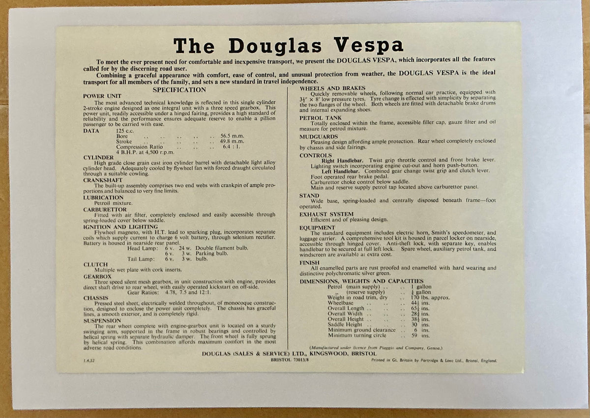 Vespa Douglas original early ROD model 2 sided leaflet , 1951.
