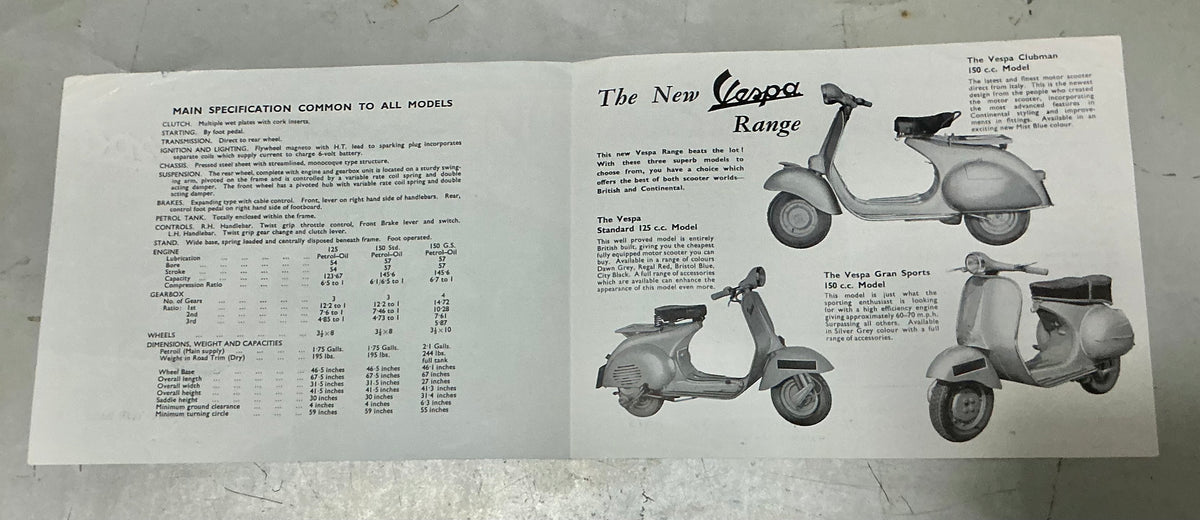 Vespa original 1958 brochure, 125 Standard, Clubman & GS150.